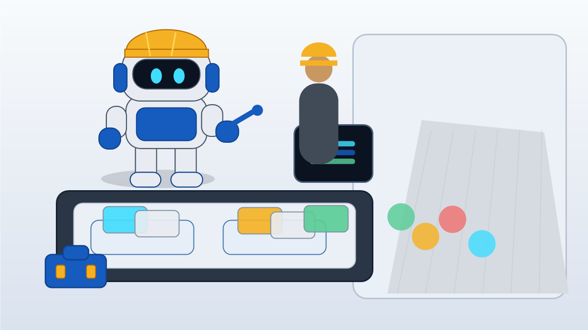 GangBoxAI robot mascot helping a contractor owner sort blank AI agent task cards into routine work and human review at a construction office planning table