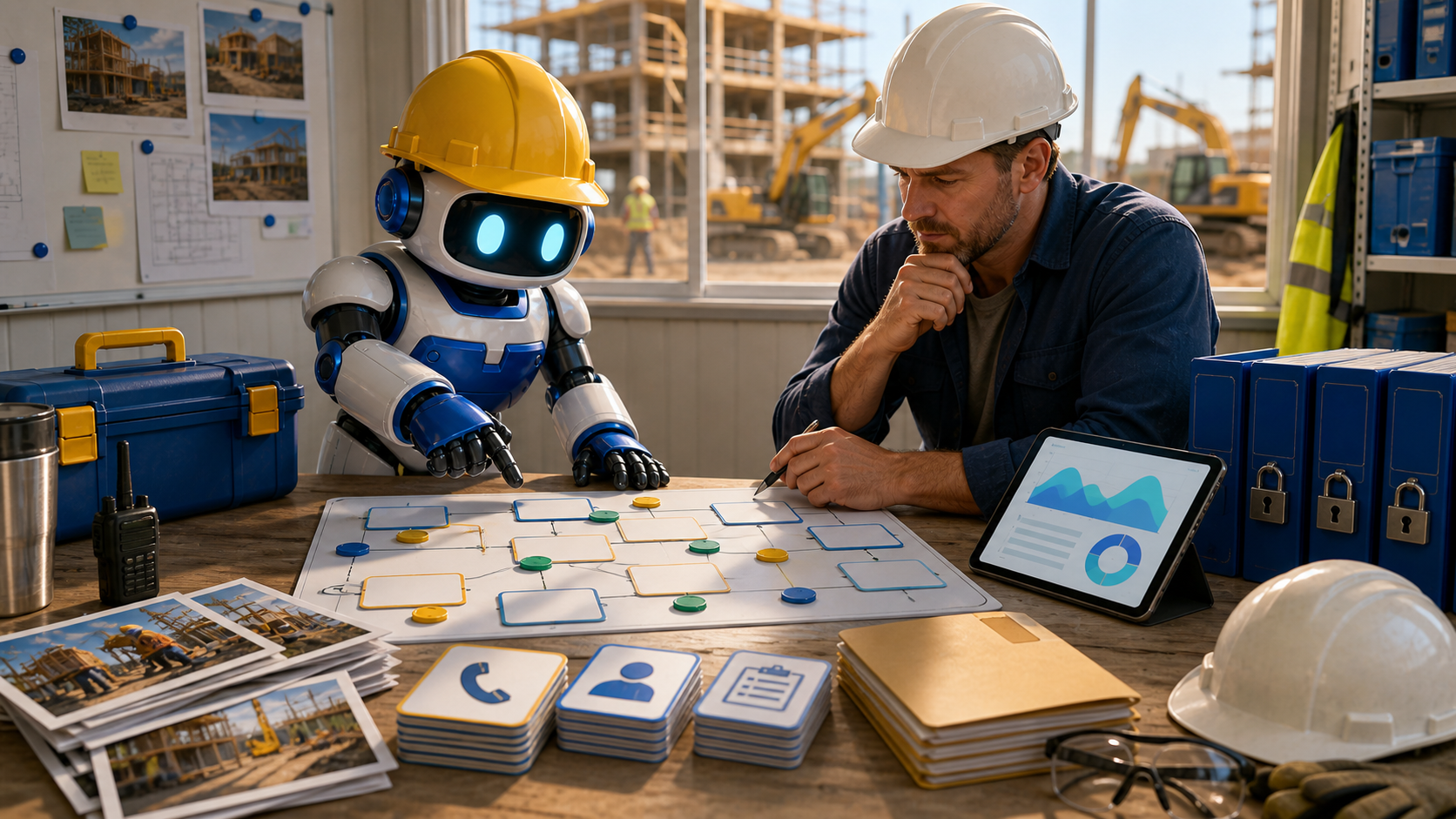 GangBoxAI robot mascot and a contractor owner reviewing blank AI governance workflow cards, approval tokens, locked folders, job photos, and a diagnostic tablet in a jobsite office trailer