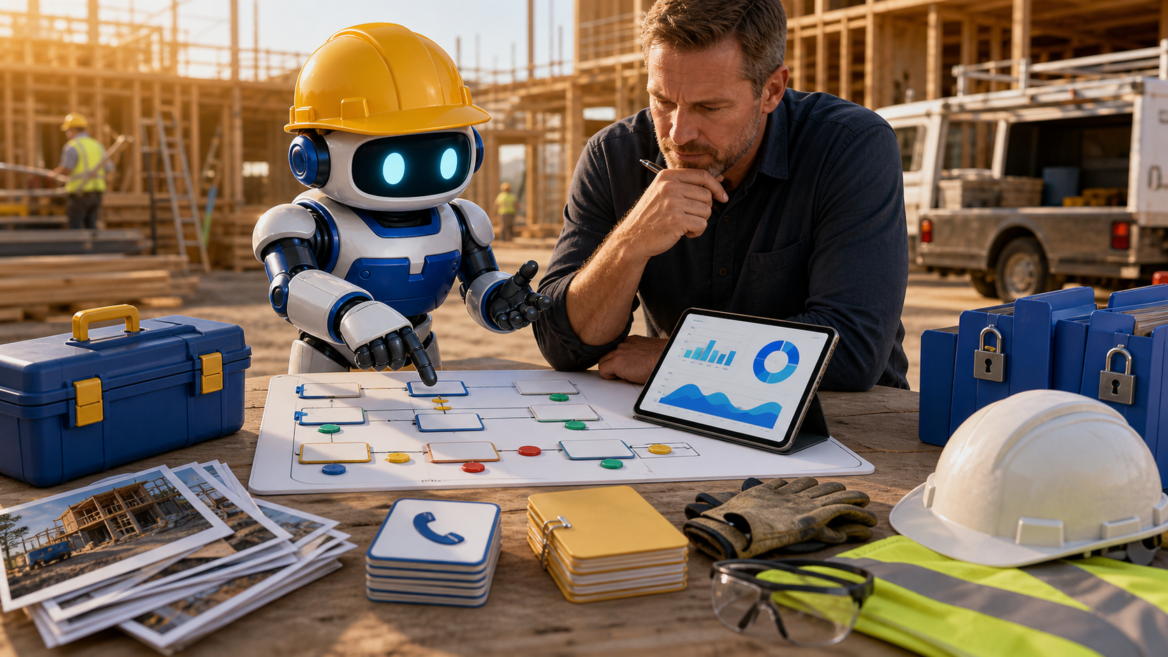 GangBoxAI robot mascot helping a contractor owner review AI governance cards, locked folders, job photos, estimates, safety gear, and a tablet at a construction jobsite planning table