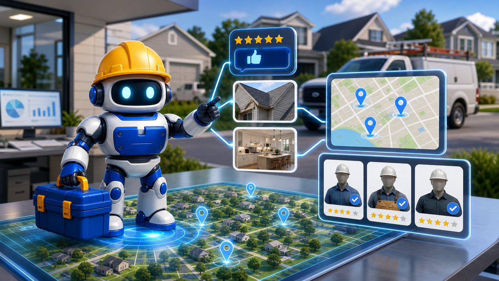 GangBoxAI robot mascot connecting contractor local reviews, neighborhood service areas, job photos, and AI recommendation signals