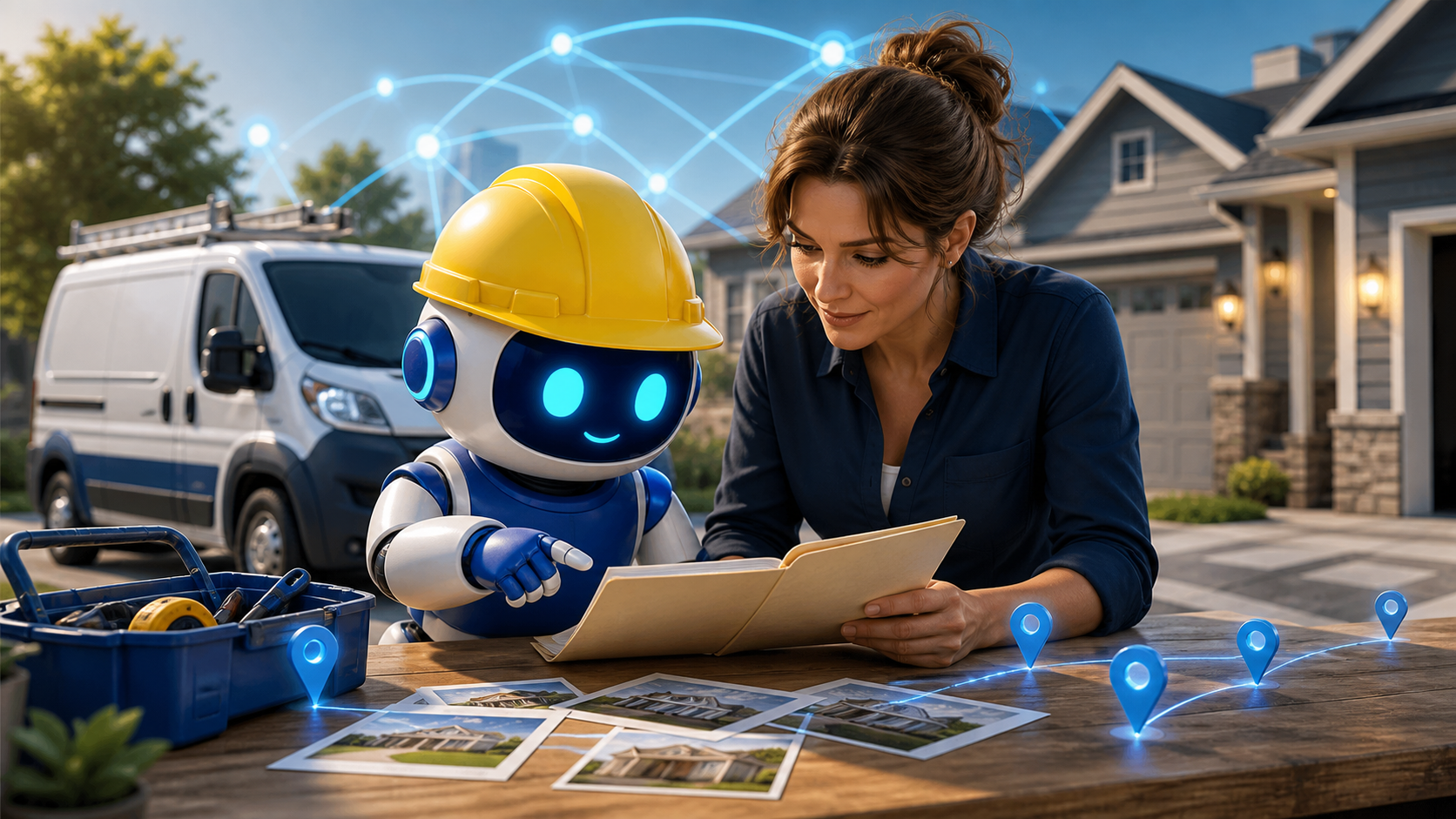 GangBoxAI robot mascot and a contractor office manager reviewing an unmarked job folder, service van, project photos, and local service markers