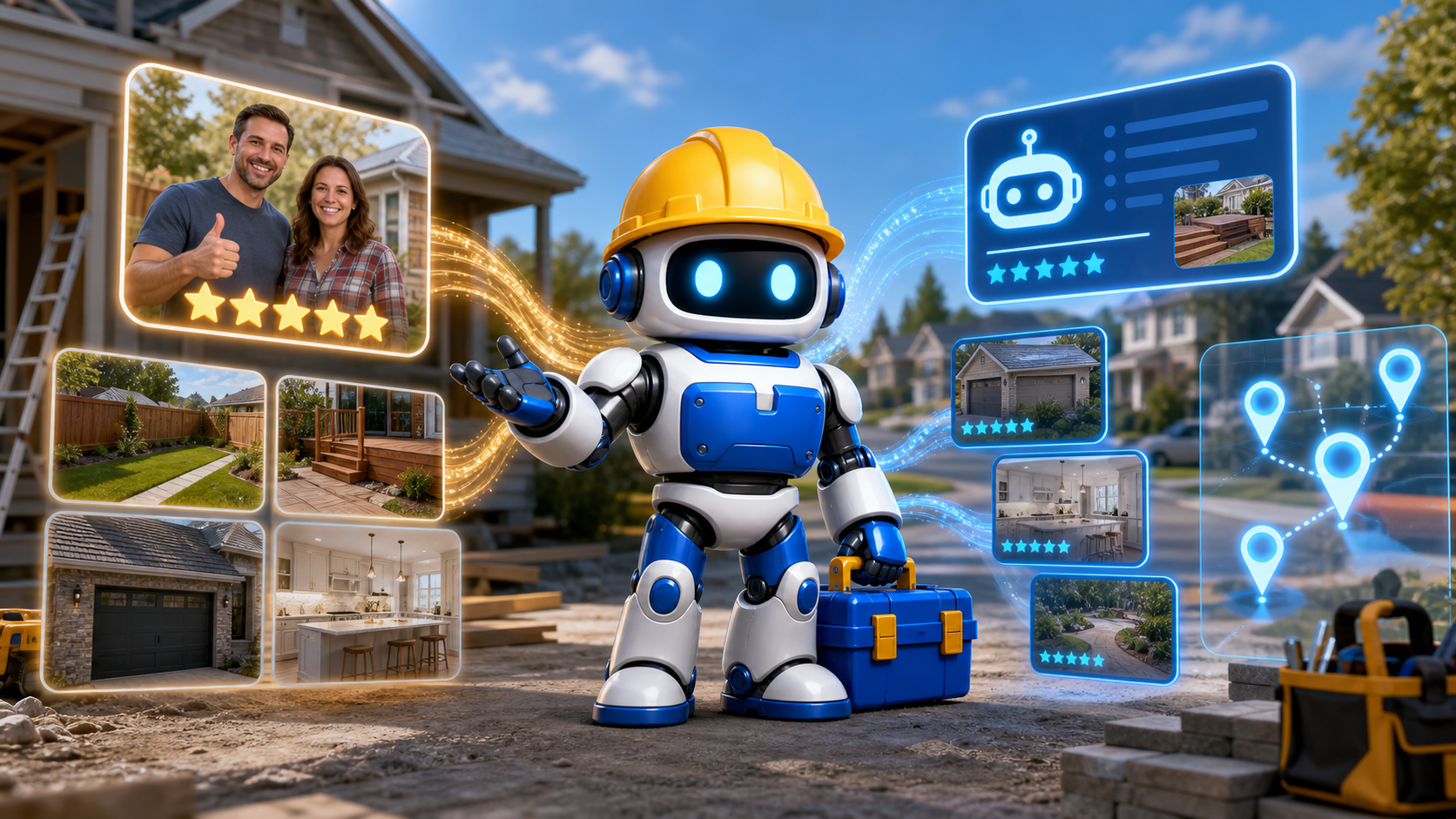 GangBoxAI robot mascot connecting contractor word of mouth, customer proof, local service signals, and AI search visibility