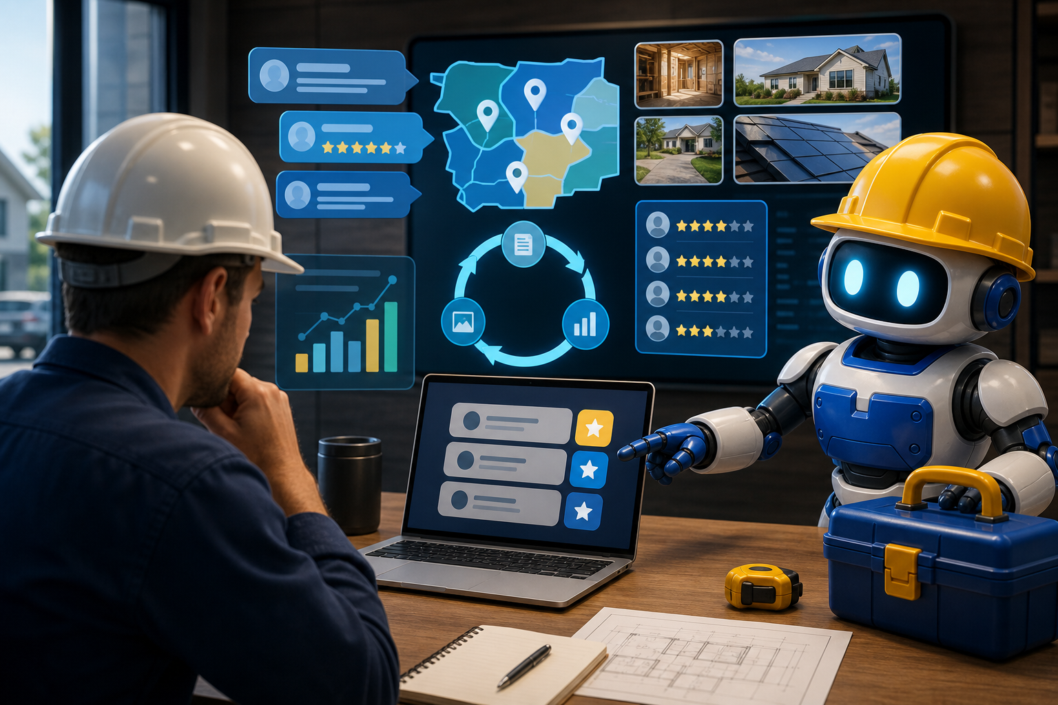GangBoxAI robot mascot helping a contractor choose practical GEO Smith visibility scan tasks from local proof, reviews, and service pages