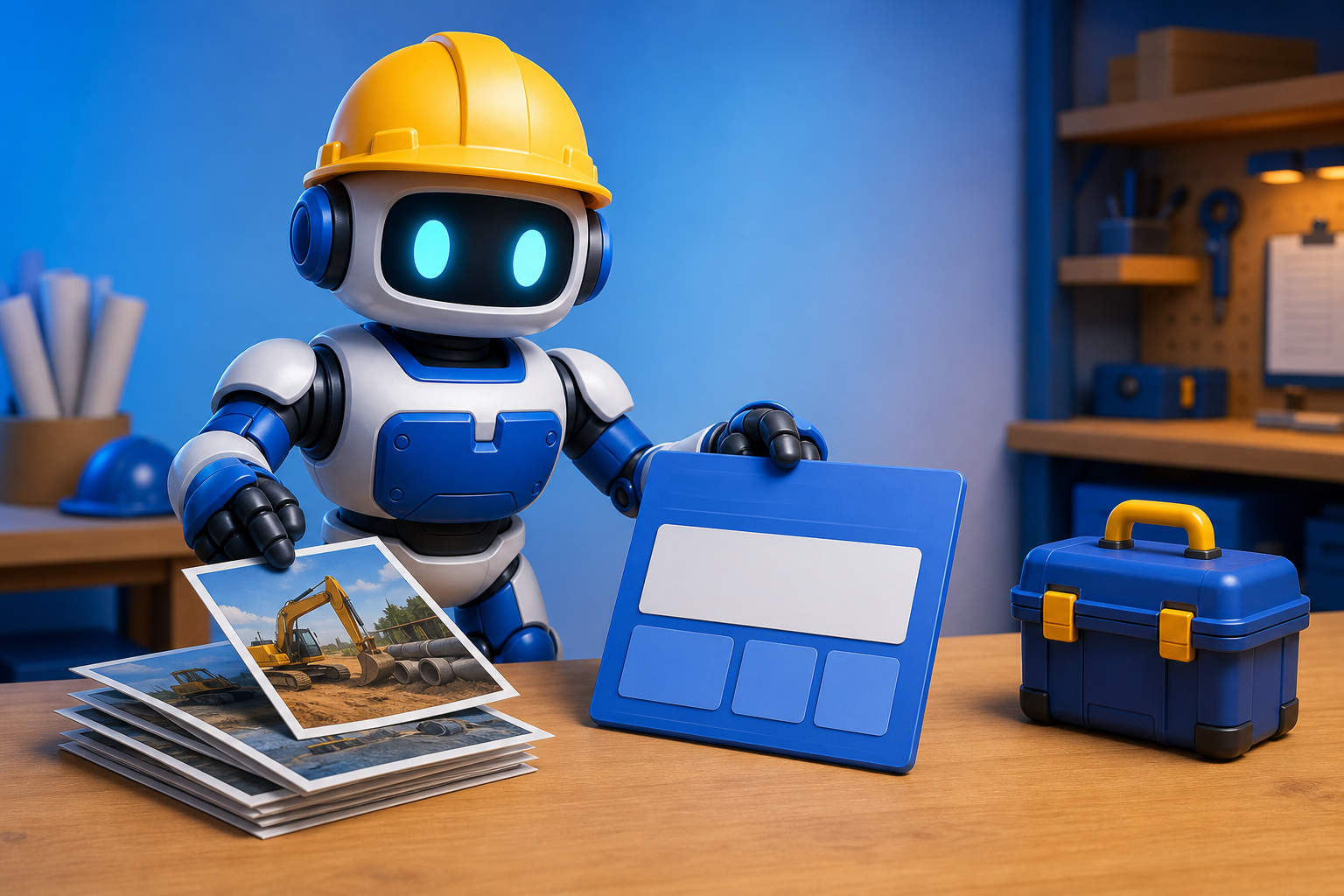 GangBoxAI robot mascot organizing approved construction job photos and a blank service page card beside a blue toolbox