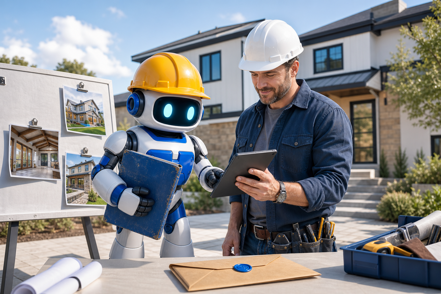 GangBoxAI robot mascot and a contractor reviewing a closeout folder, completed home photos, warranty envelope, and tablet at a finished residential project