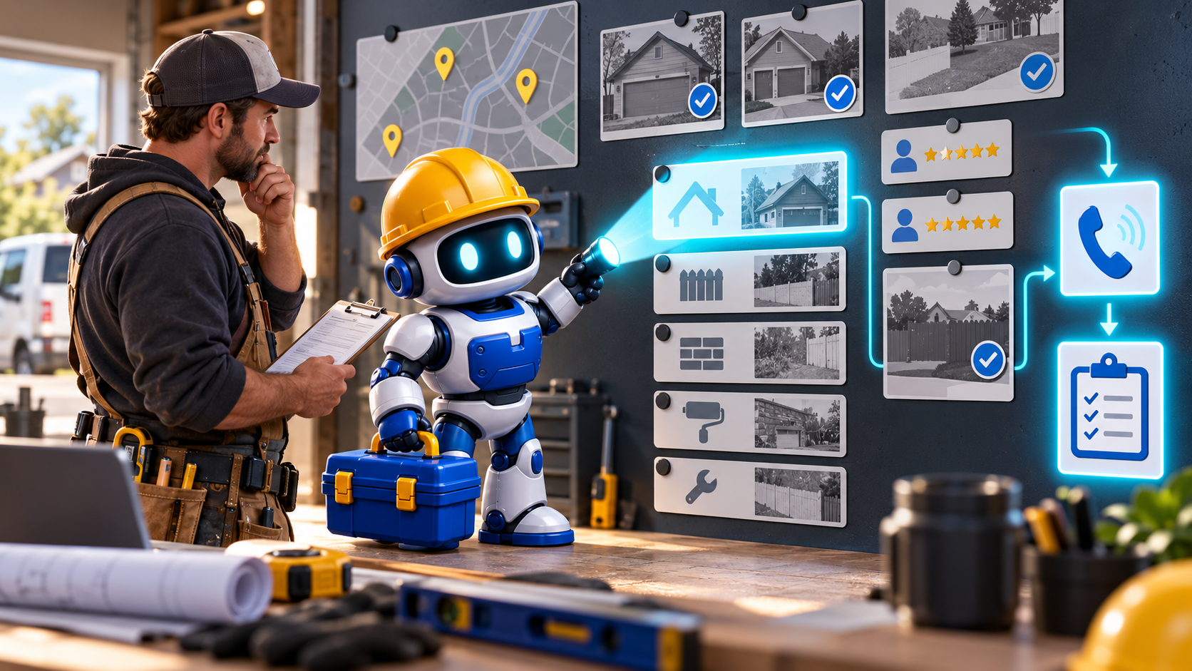 GangBoxAI robot mascot and a contractor inspecting local map shapes, job photos, review proof, a phone, and an estimate checklist on a planning wall