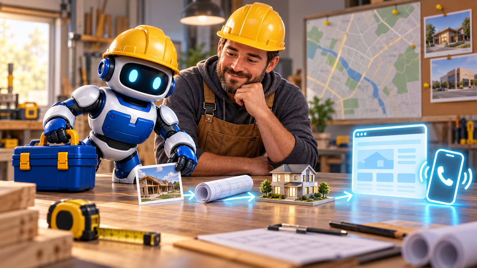 GangBoxAI robot mascot and a contractor mapping job photos, a plan roll, a building model, a service page, and a phone into one content path