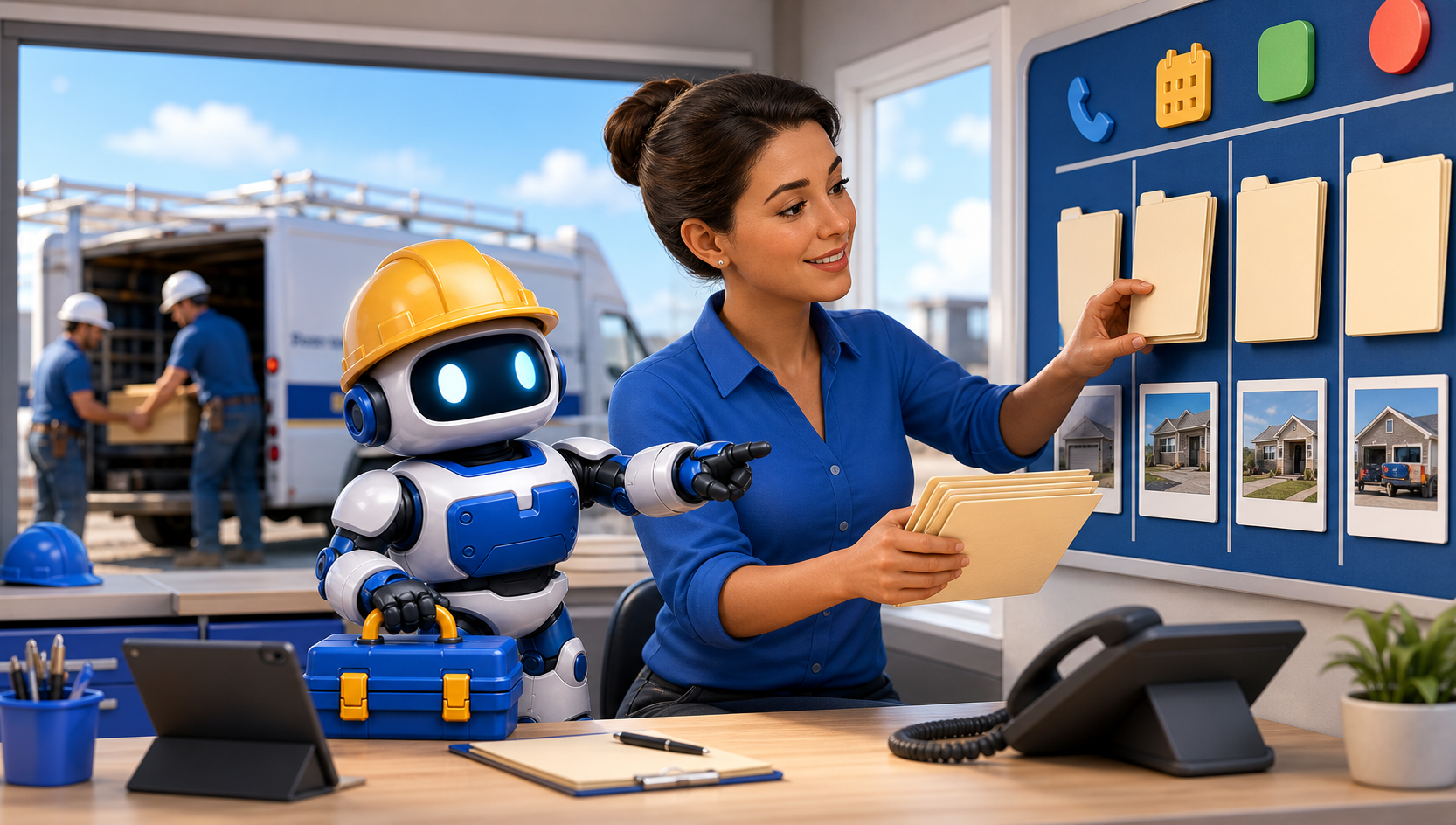 GangBoxAI robot mascot helping a contractor office manager organize blank estimate folders and job photos on a follow up board