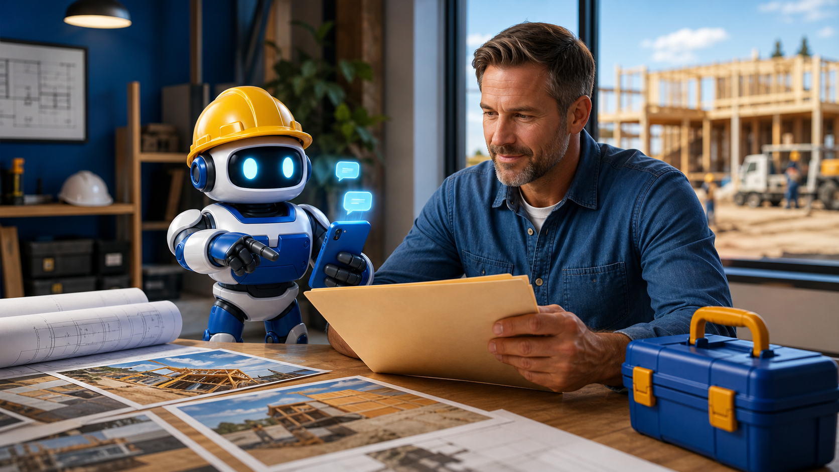 GangBoxAI robot mascot helping a contractor owner review a blank estimate folder and follow up phone at a construction office desk
