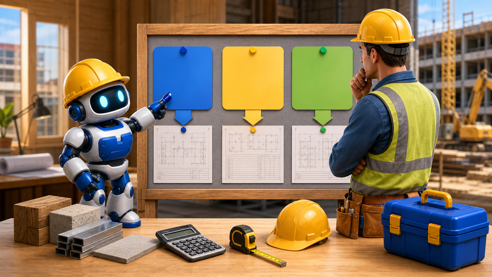 GangBoxAI robot mascot and a contractor estimator reviewing blank three stage takeoff cards, plans, material samples, calculator, and tape measure