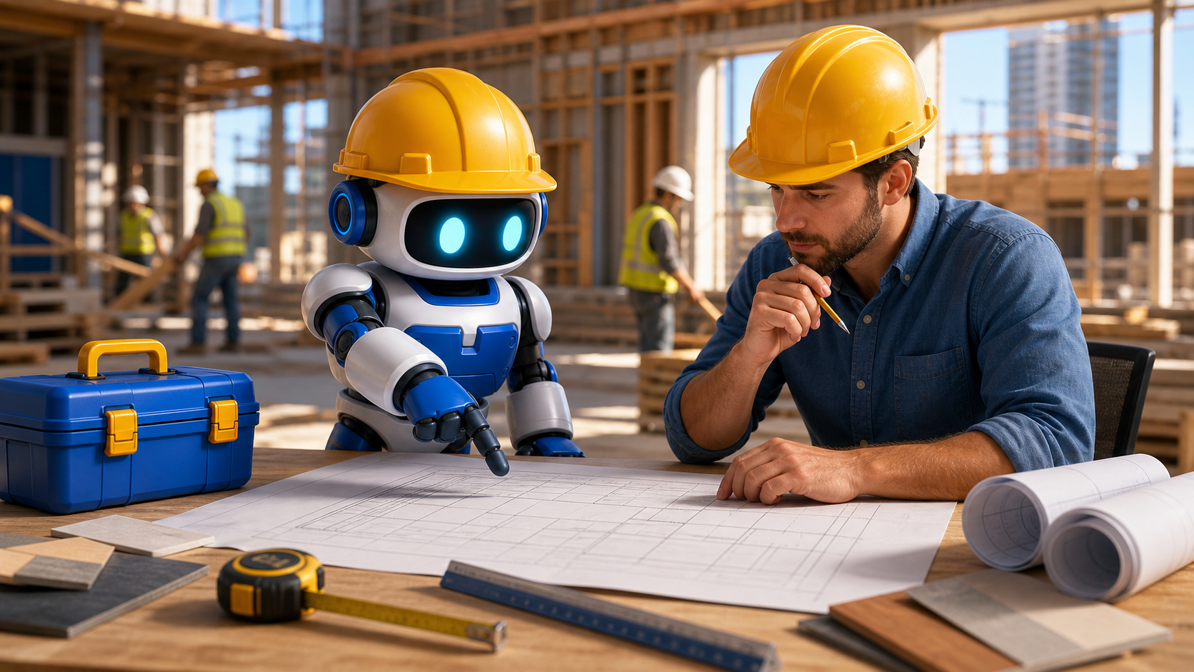 GangBoxAI robot mascot and a contractor estimator reviewing abstract construction plans, material samples, and a tape measure at a workbench