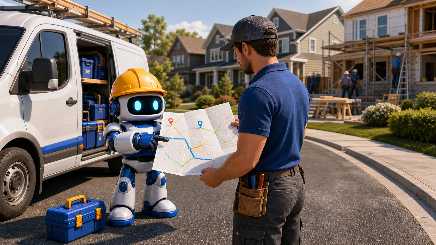 GangBoxAI robot mascot and a contractor reviewing a service area map beside a work van and residential renovation
