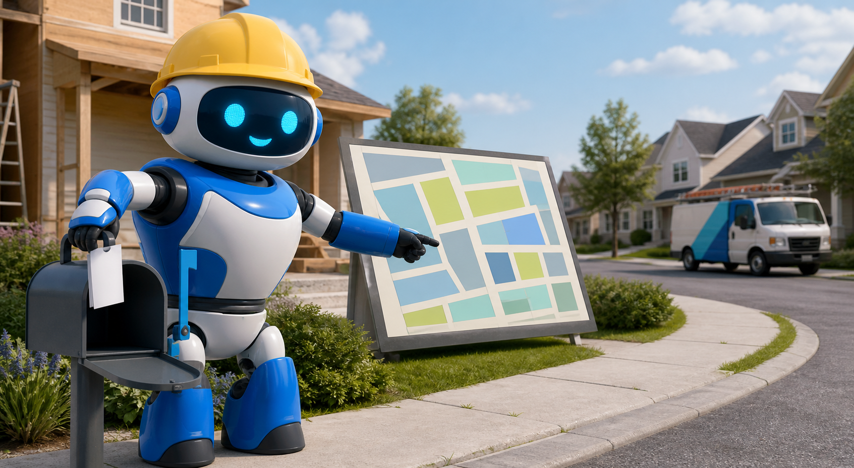 GangBoxAI robot mascot placing a blank outreach card near a mailbox beside an abstract neighborhood map and a contractor jobsite