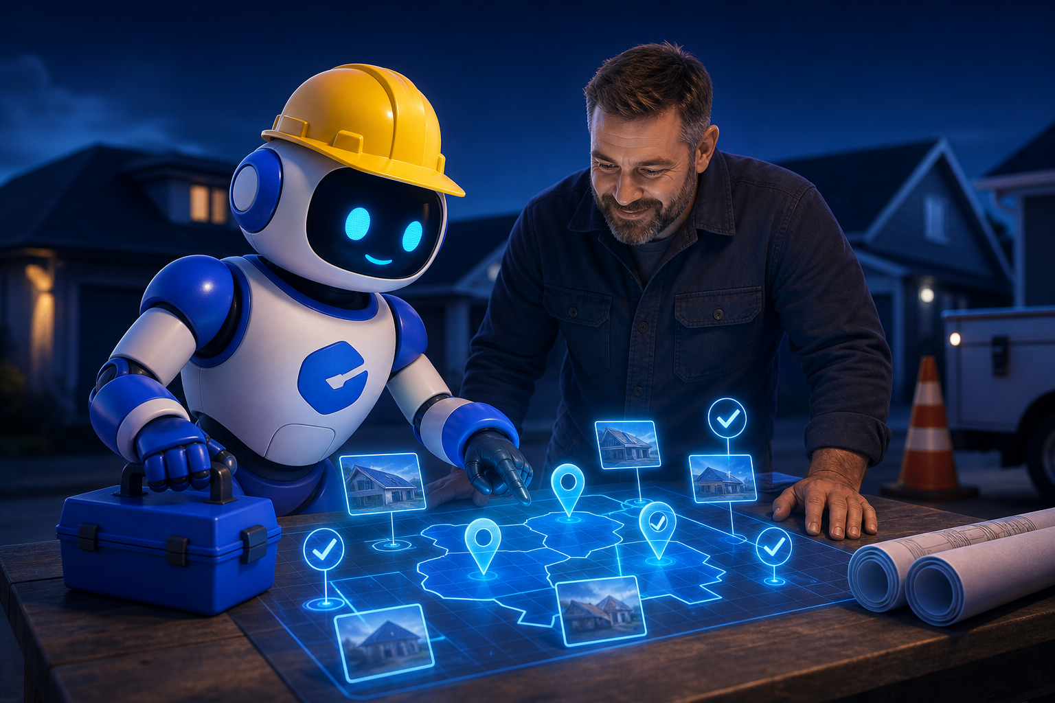 GangBoxAI robot mascot and a contractor reviewing abstract local proof and service area markers on a workbench