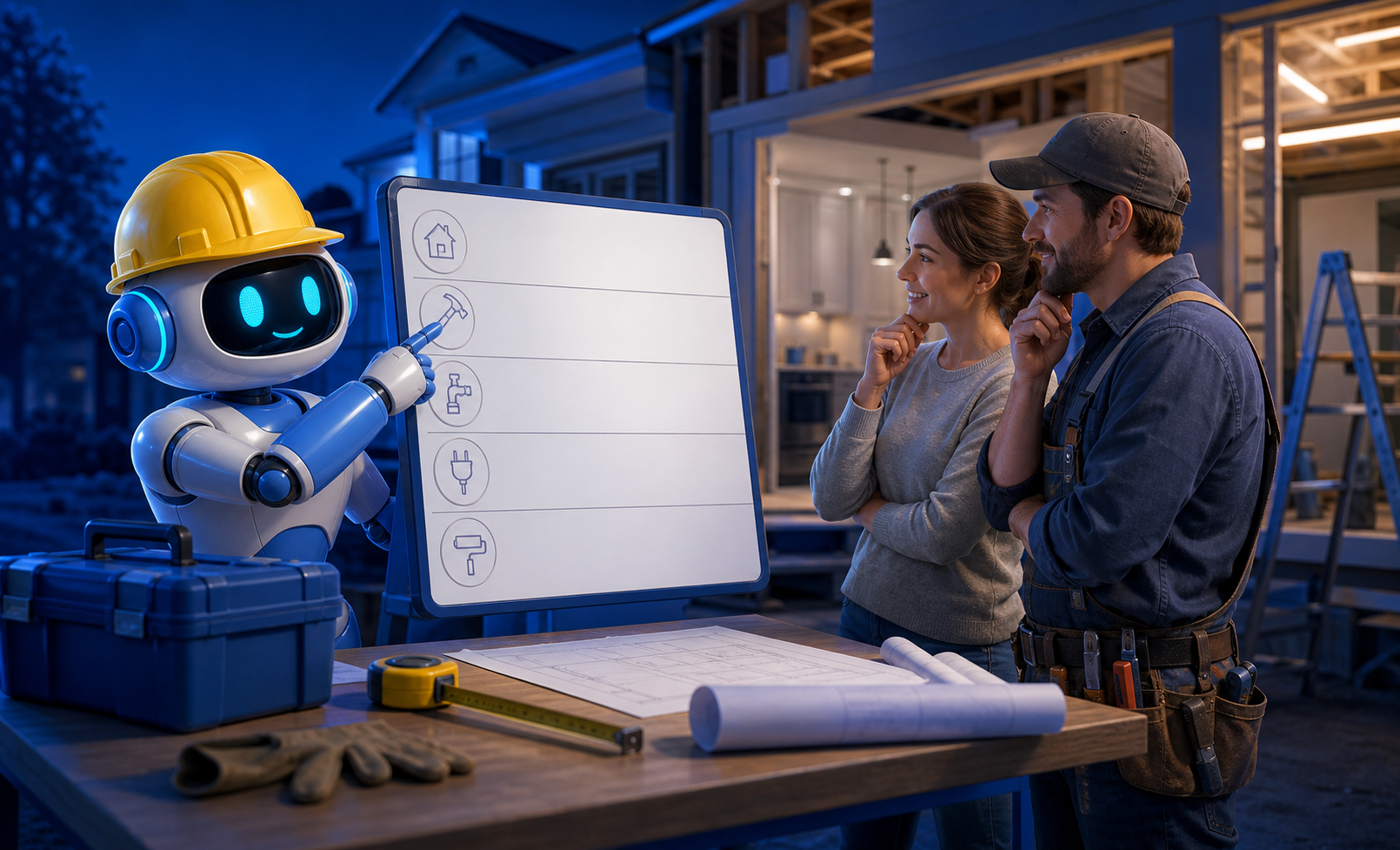 GangBoxAI robot mascot reviewing a blank estimate board with a contractor and homeowner at a residential renovation