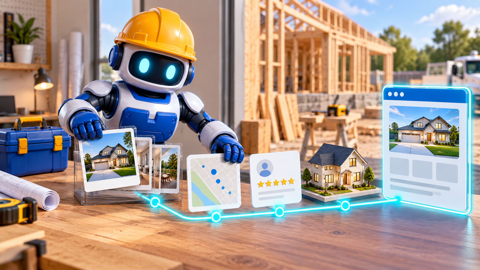 GangBoxAI robot mascot organizing finished job photos, a service area card, customer proof, a house model, and an abstract service page into one connected workflow