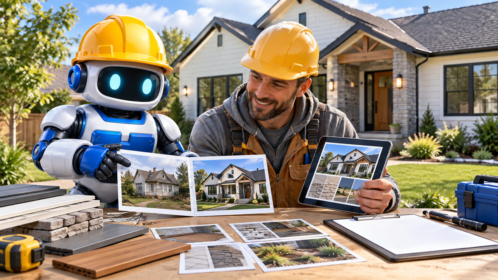 GangBoxAI robot mascot and a residential contractor reviewing before and after project photos, material samples, and a blank closeout clipboard at a finished home
