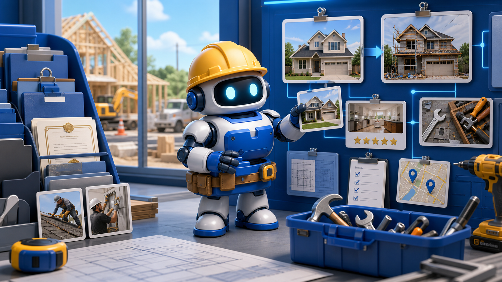 GangBoxAI robot mascot organizing contractor reviews, job photos, service pages, local facts, and proof for AI search