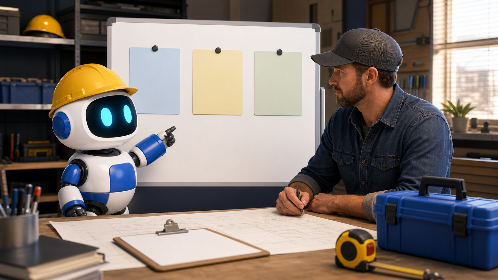 GangBoxAI robot mascot and a contractor reviewing a blank three step workflow board beside tools and a clipboard