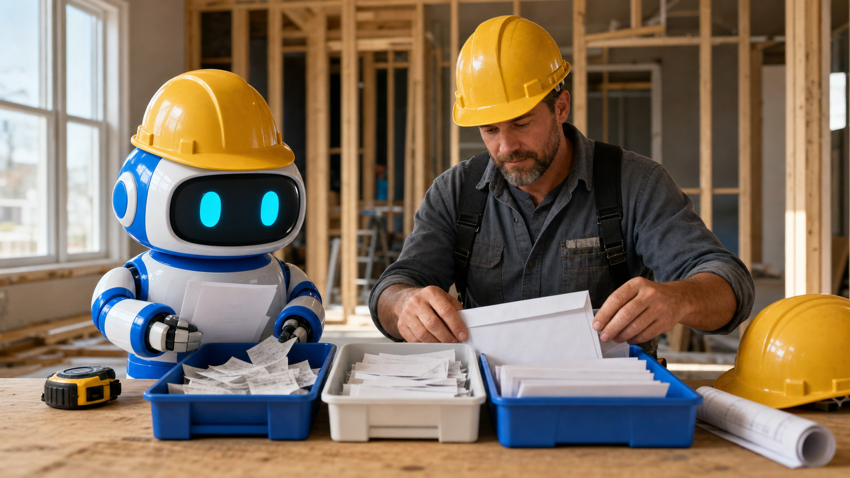 GangBoxAI robot mascot and a contractor sorting blank receipts and invoice envelopes into job cost trays at a jobsite desk