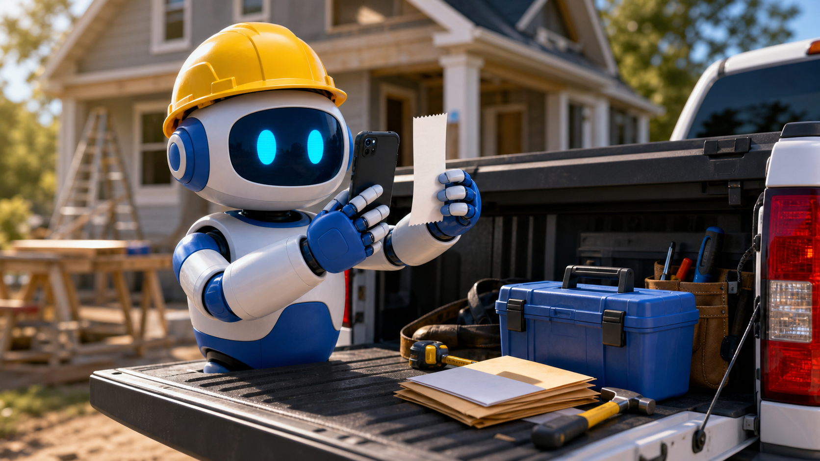 GangBoxAI robot mascot photographing a blank receipt at the tailgate of a contractor pickup beside a renovation job