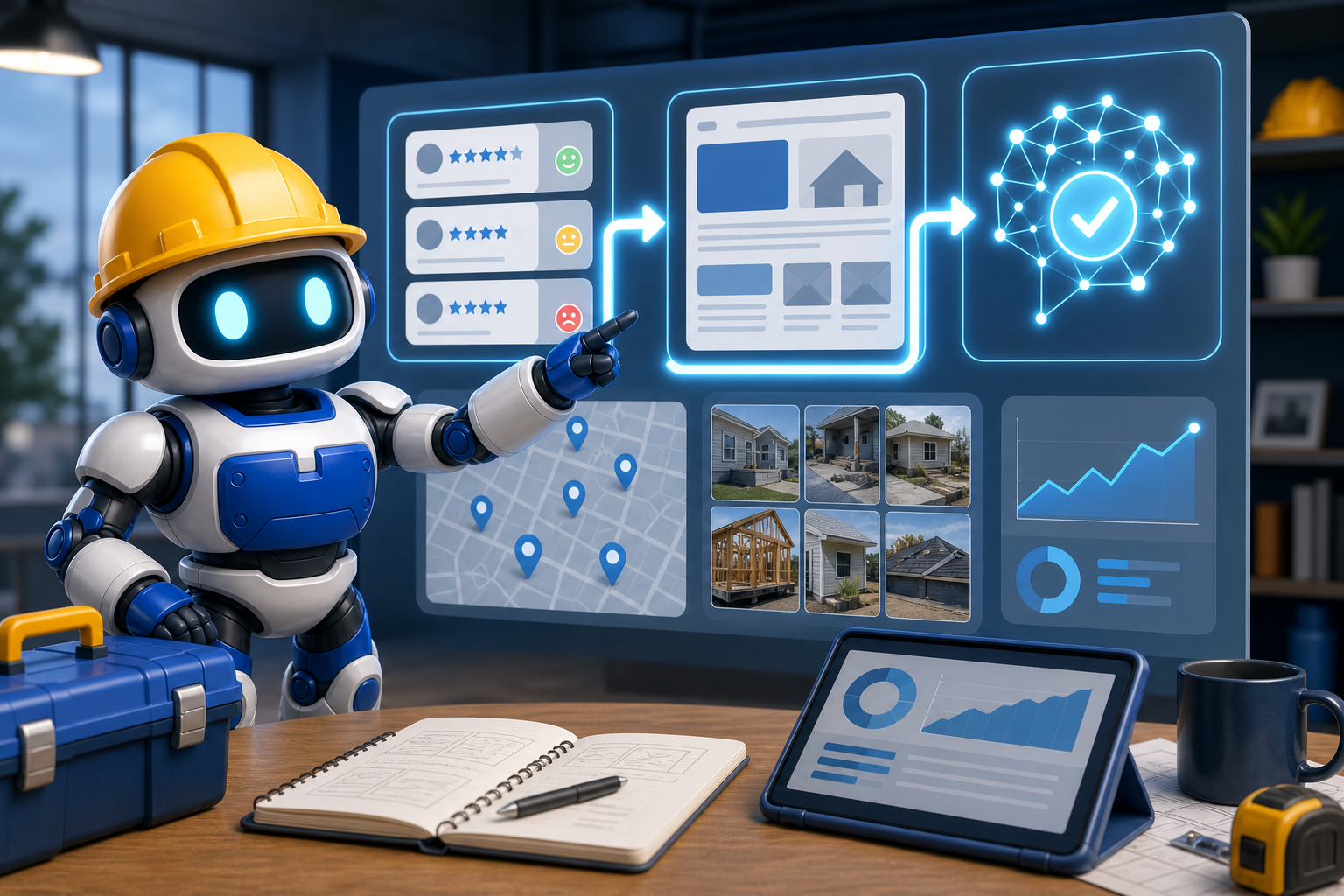 GangBoxAI robot mascot reviewing contractor reviews, service pages, job photos, and AI visibility proof gaps