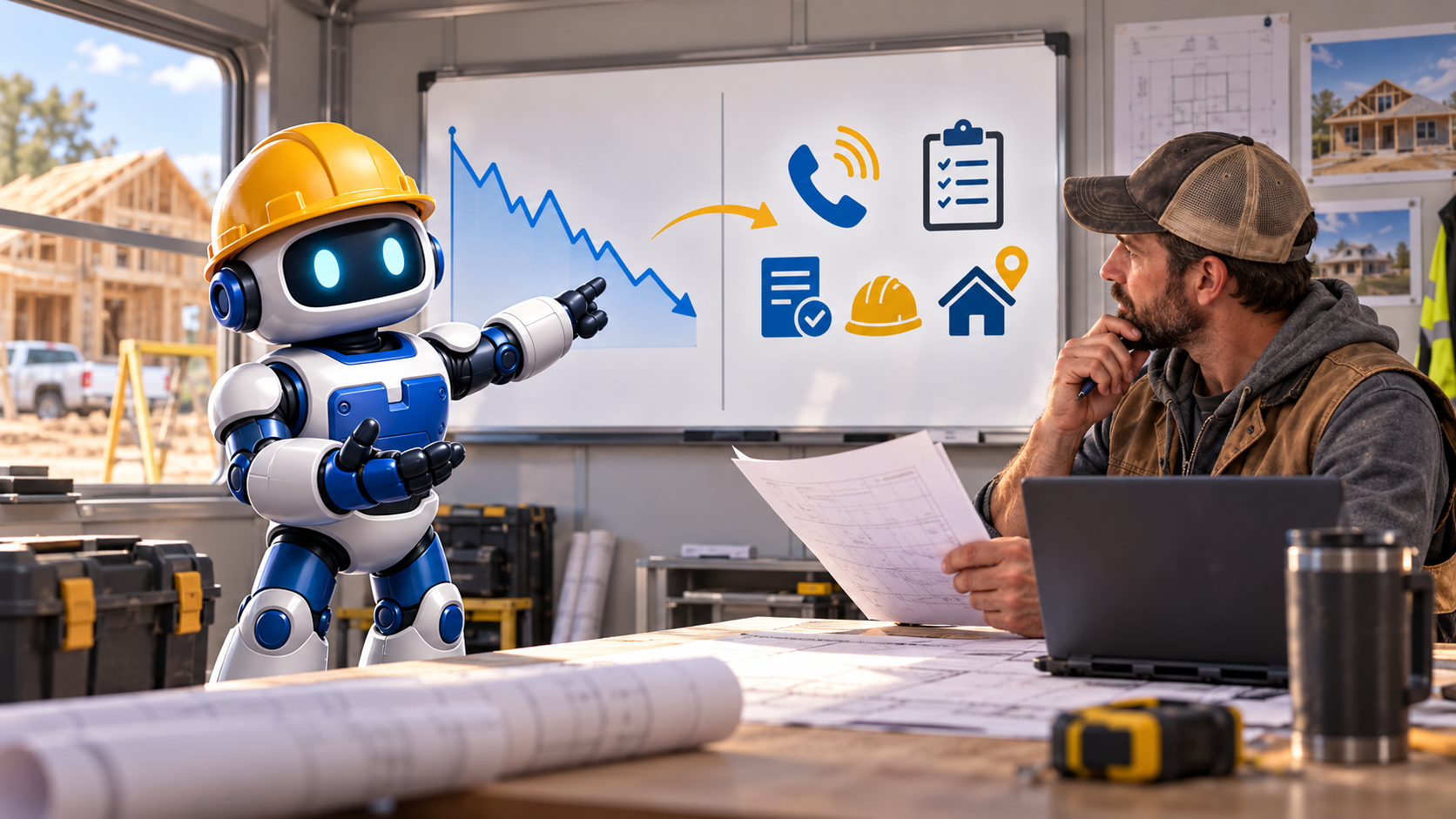 GangBoxAI robot mascot helping a contractor compare a falling search traffic line with calls, estimates, signed work, and local jobs