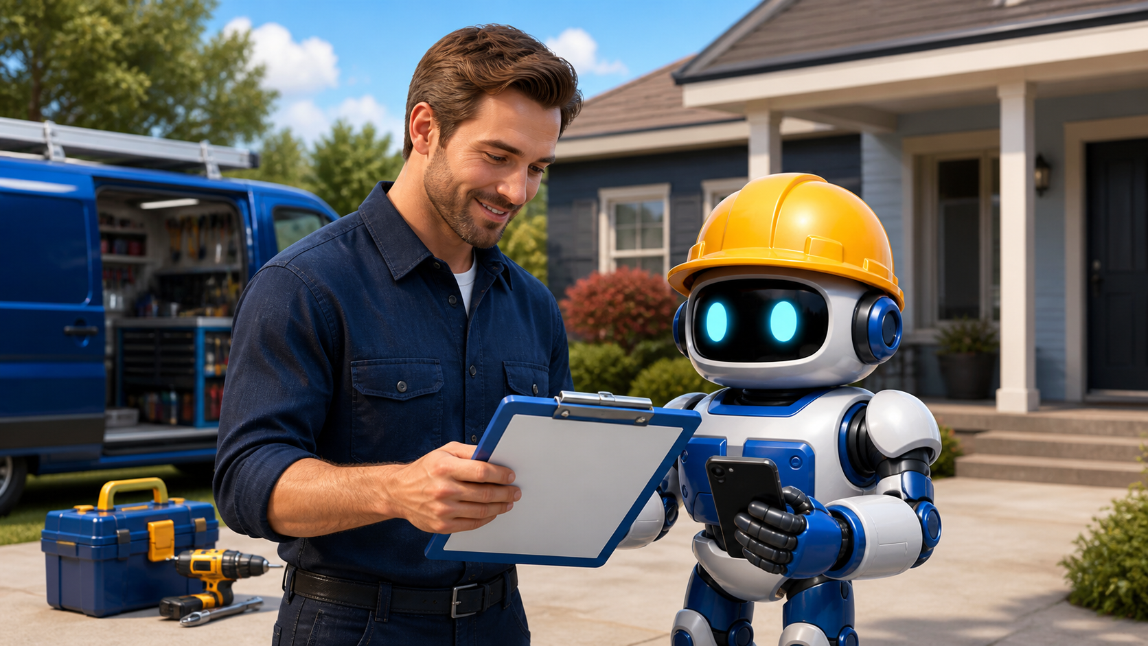 GangBoxAI robot mascot and a contractor reviewing a blank clipboard and phone beside a service van at a residential home