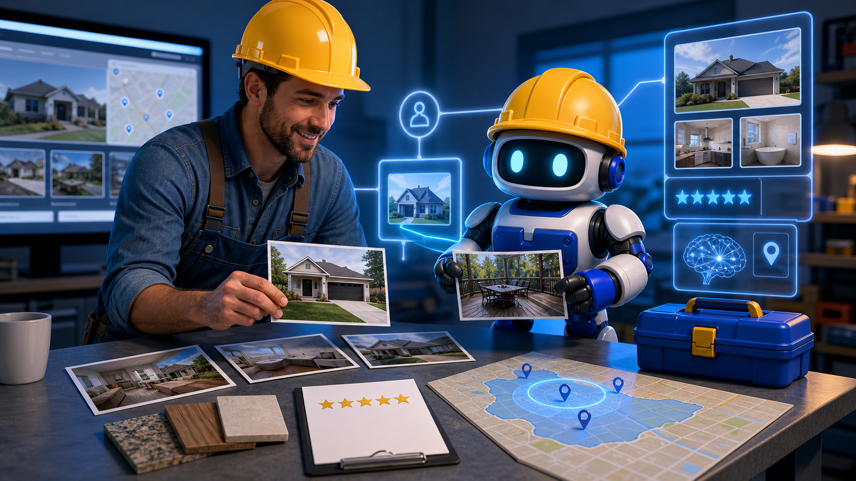 GangBoxAI robot mascot and a contractor organizing job photos, project details, local service areas, and proof for online visibility