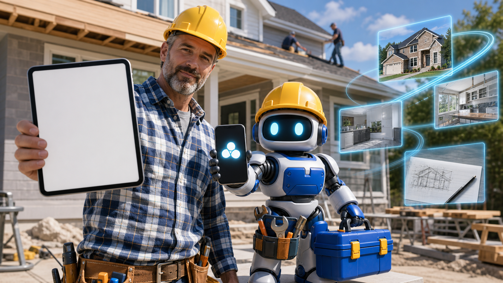 GangBoxAI robot mascot and a contractor turning finished job photos and field notes into social proof at a residential renovation site