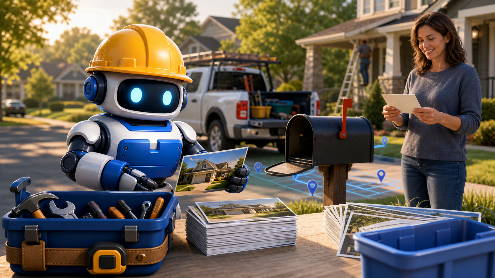 GangBoxAI robot mascot preparing direct mail postcards for a local contractor neighborhood jobsite campaign