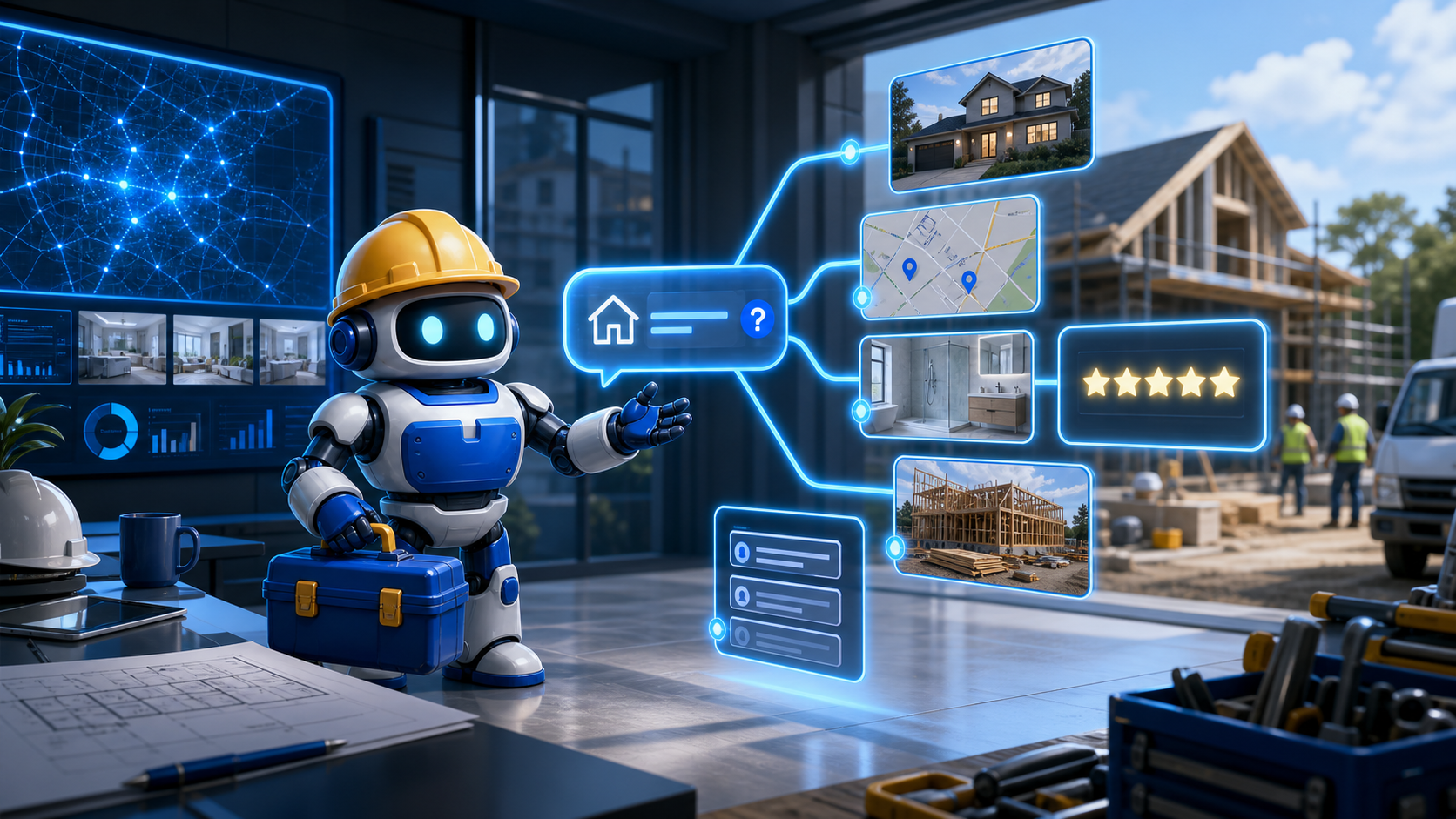 GangBoxAI robot mascot guiding AI Mode search paths across contractor service pages, reviews, maps, and job proof
