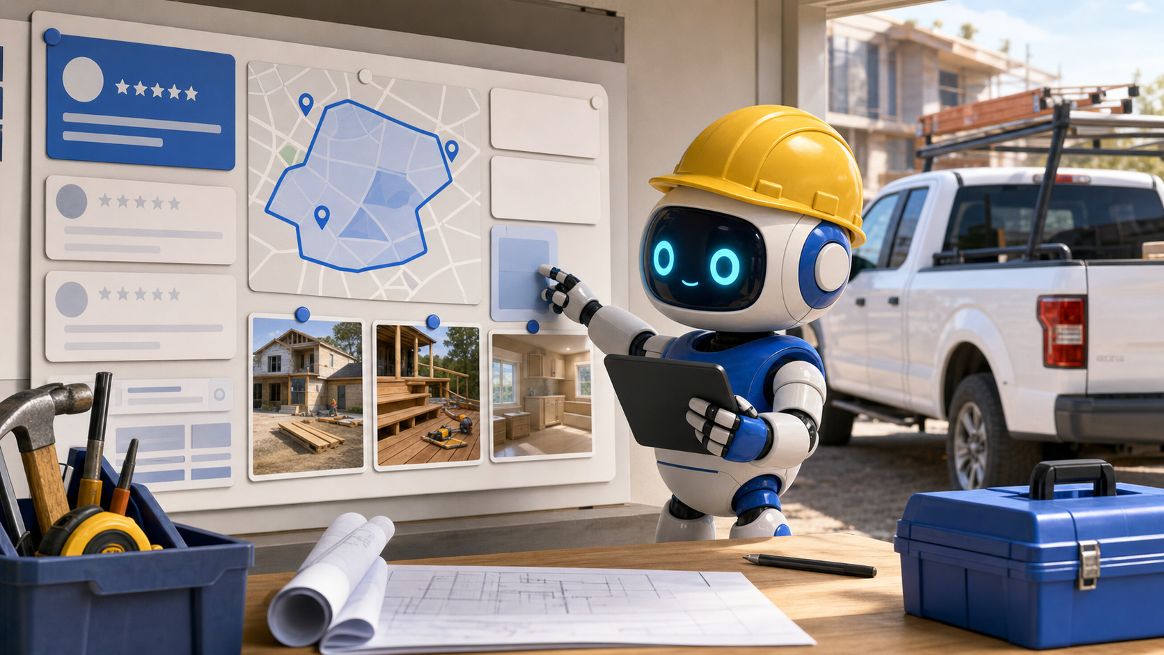 GangBoxAI robot mascot organizing Google Business Profile style local proof, job photos, reviews, and service area signals for a contractor