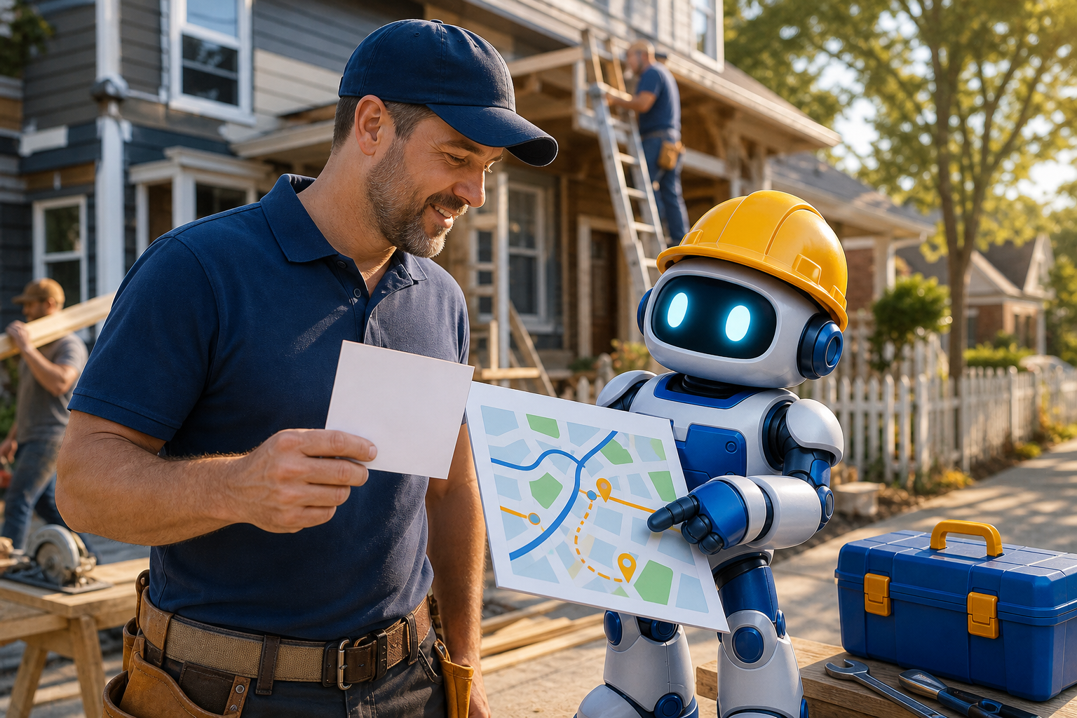 GangBoxAI robot mascot and a contractor owner reviewing a blank postcard and simple neighborhood route map at an active renovation site