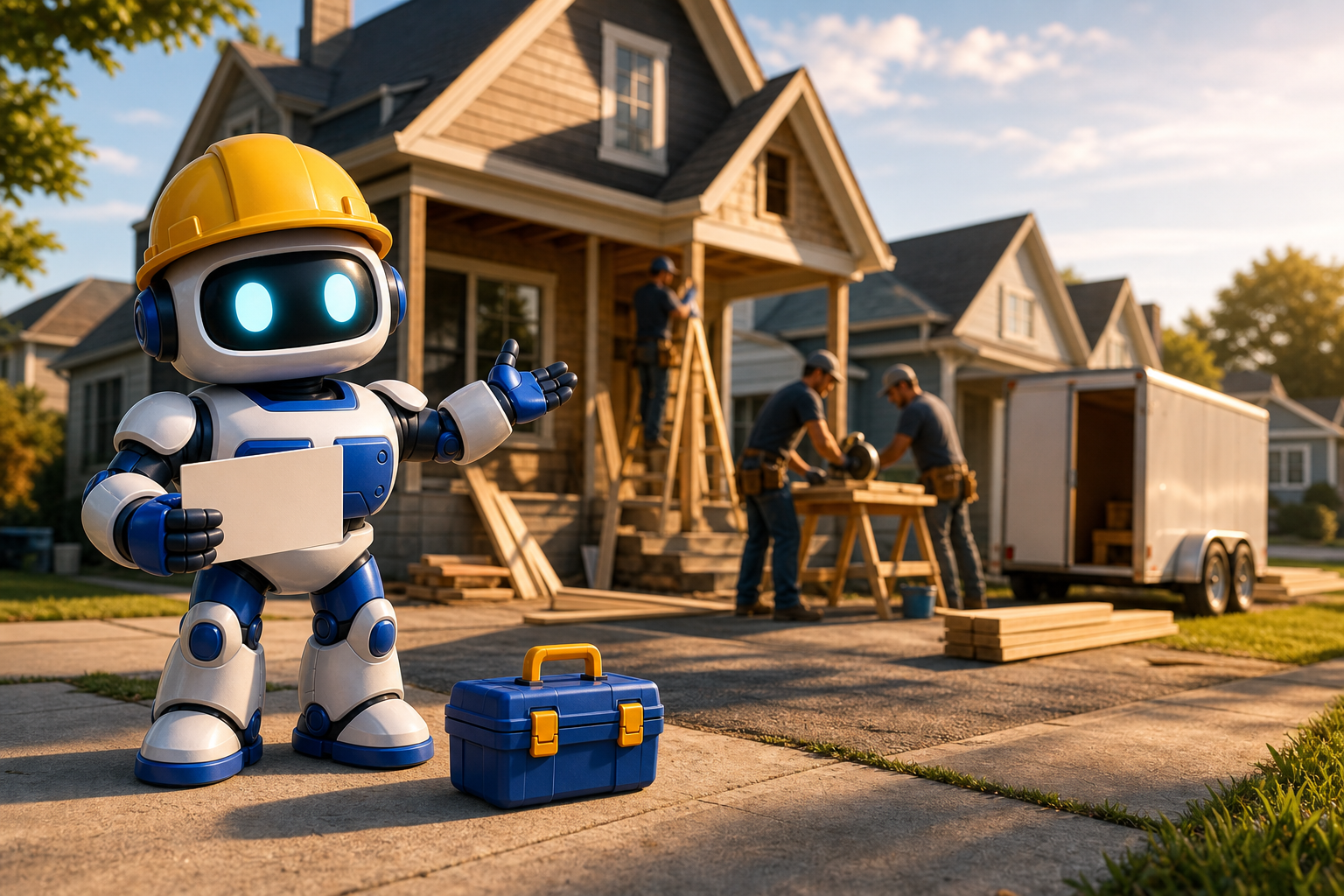GangBoxAI robot mascot holding a blank postcard beside an exterior renovation crew working on a neighborhood home