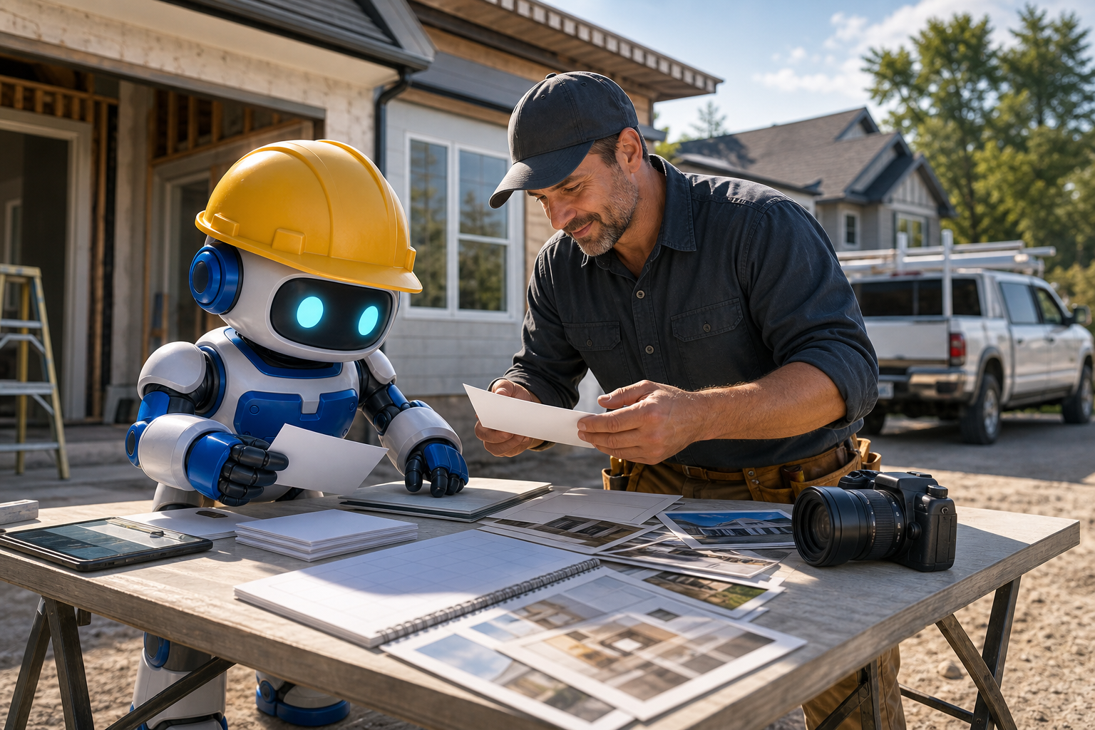 GangBoxAI robot mascot and a contractor owner sorting blank postcards, job photos, and campaign materials at a remodeling site