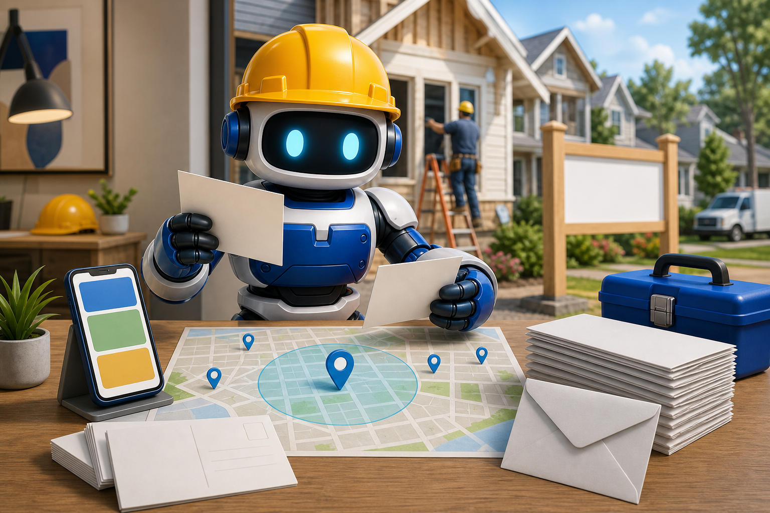 GangBoxAI robot mascot reviewing blank postcards, a neighborhood map, and a contractor outreach workflow