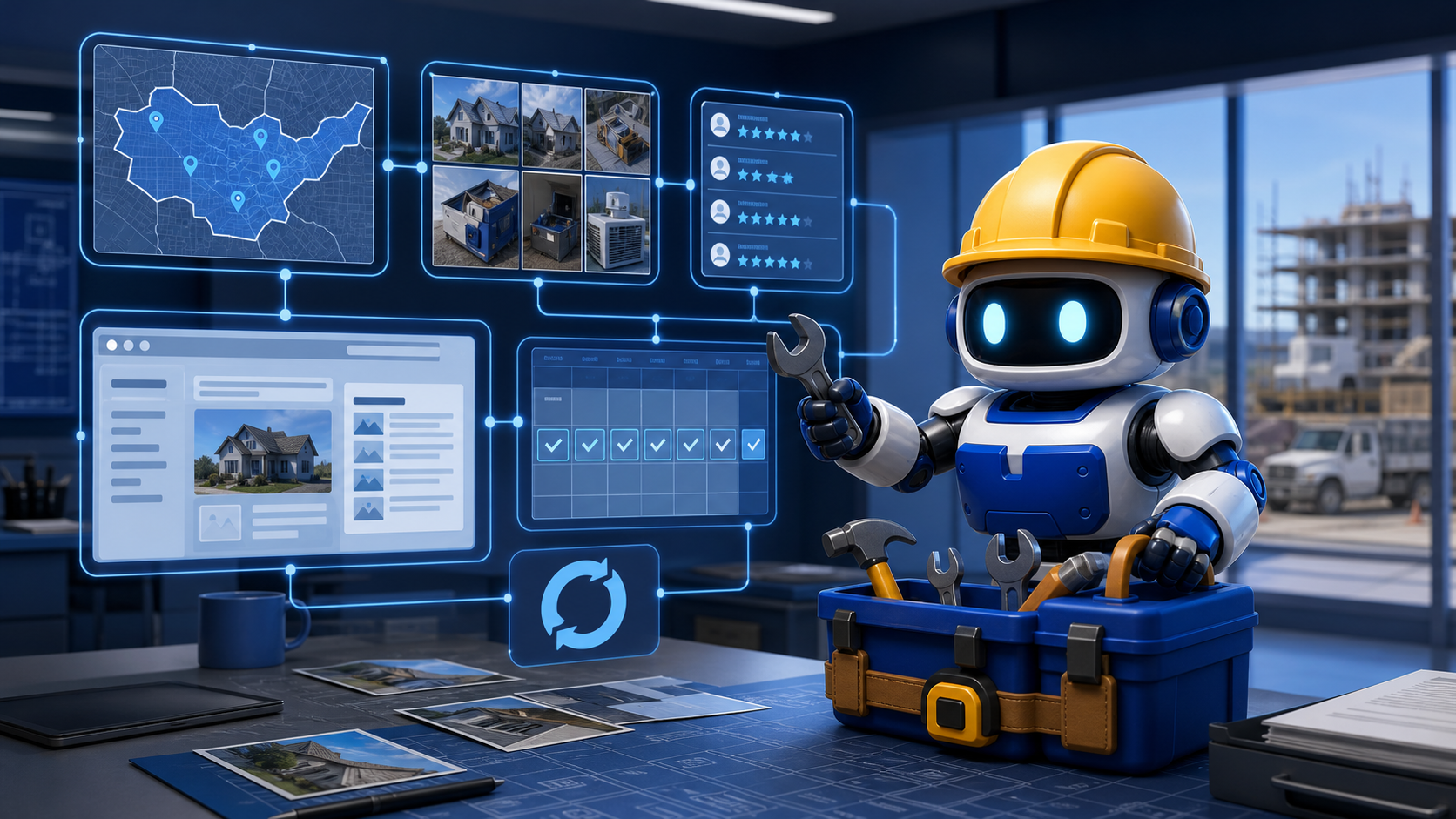 GangBoxAI robot mascot maintaining a long term contractor SEO, AEO, and GEO evidence network