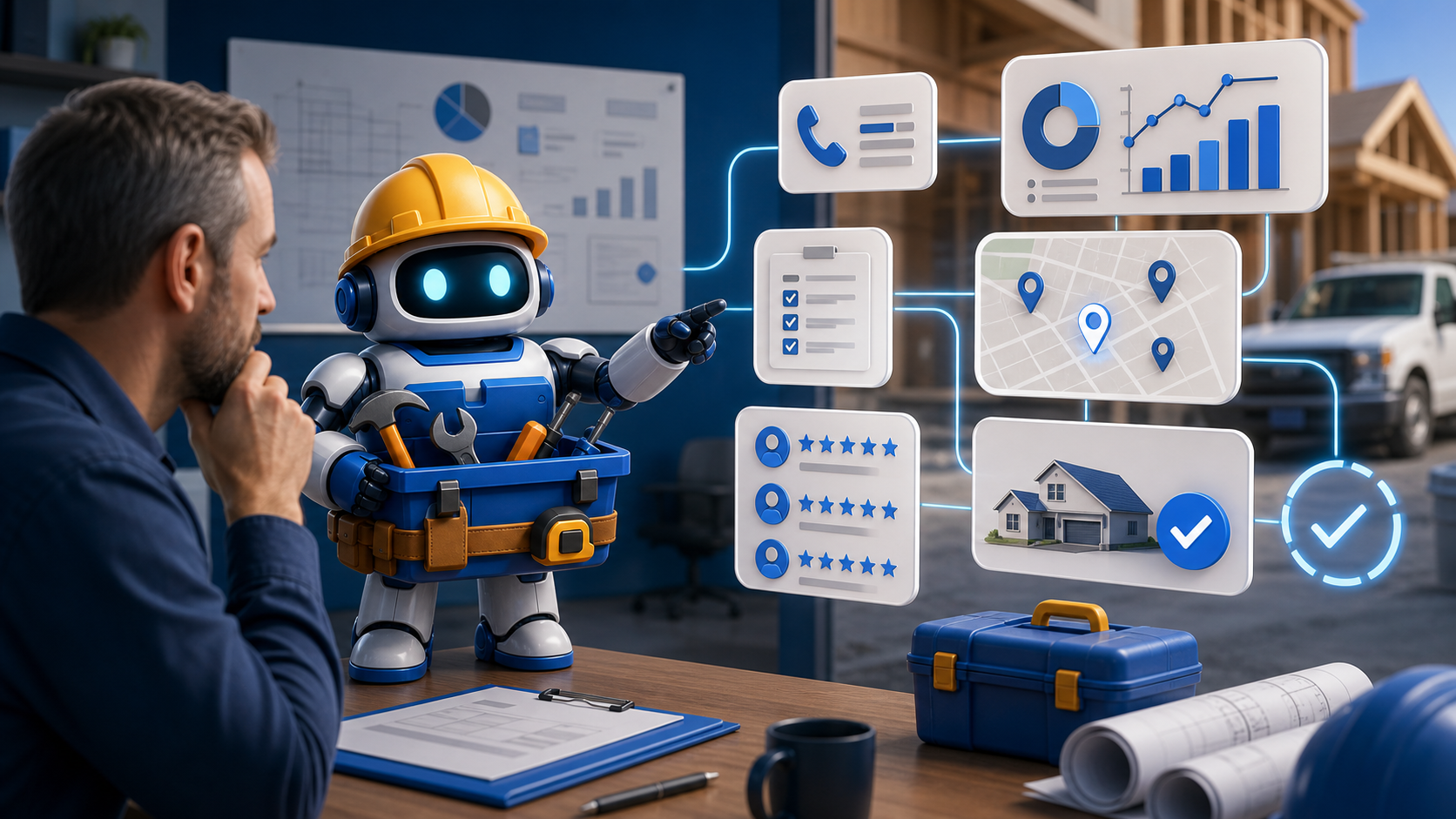 GangBoxAI robot mascot reviewing contractor AI search leads, service area proof, calls, estimates, and booked job signals
