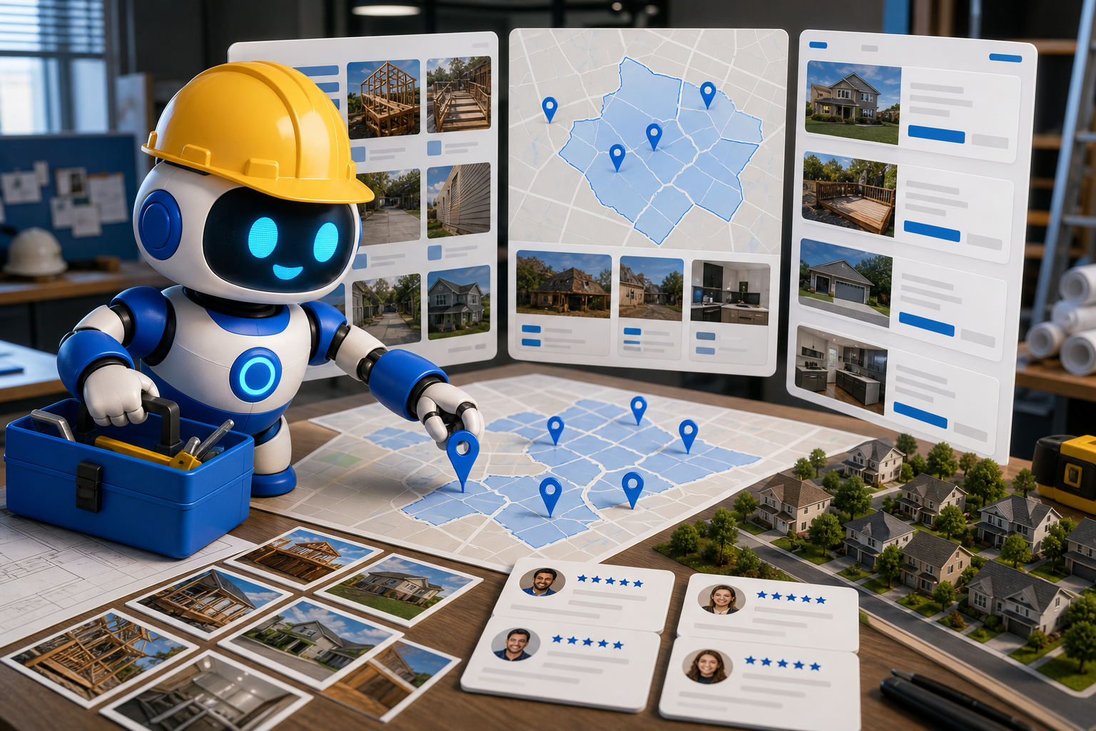 GangBoxAI robot mascot organizing contractor neighborhood service area proof, job photos, reviews, and local pages