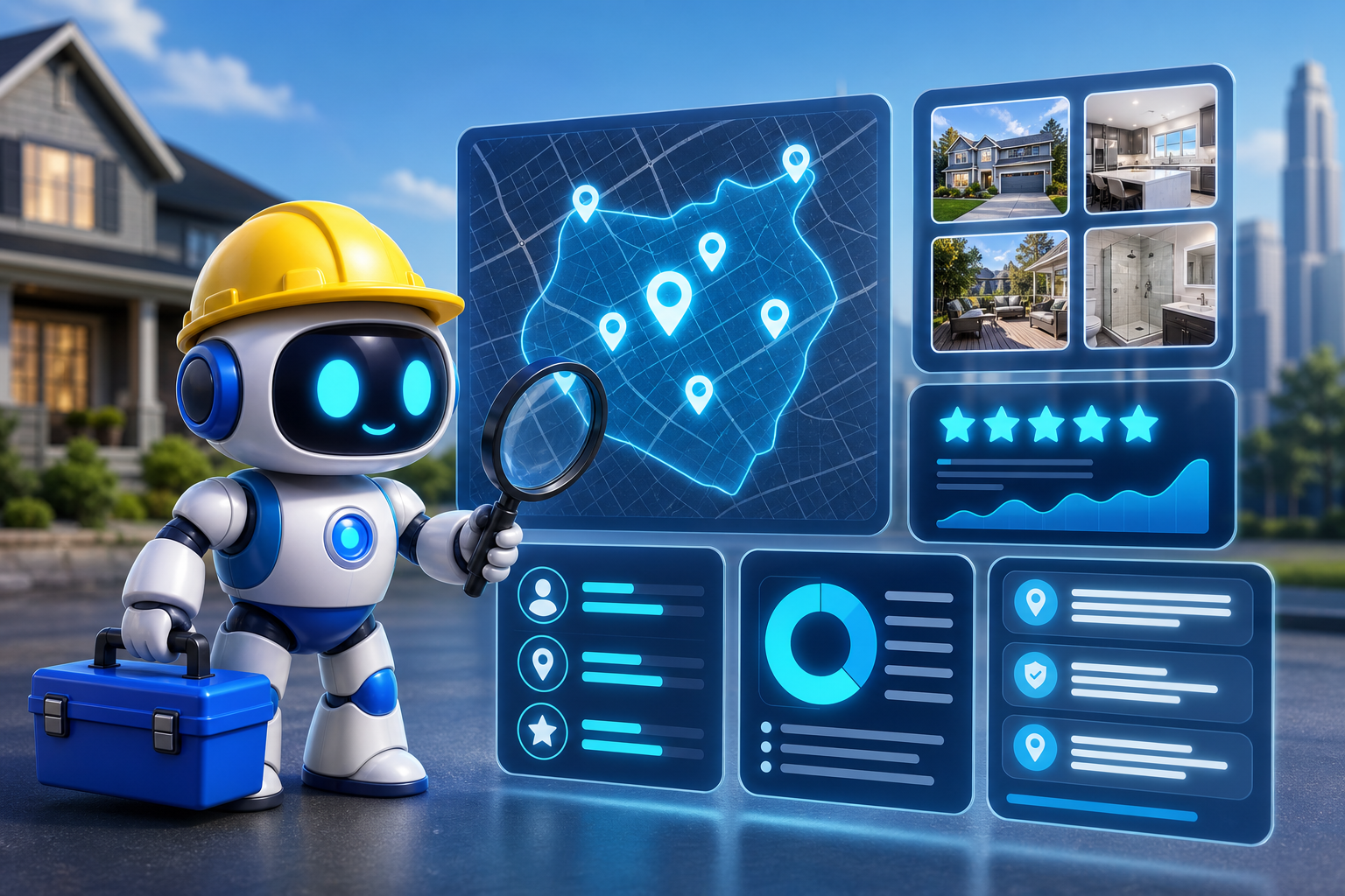 GangBoxAI robot mascot reviewing contractor service area proof, neighborhood pages, reviews, and AI visibility signals