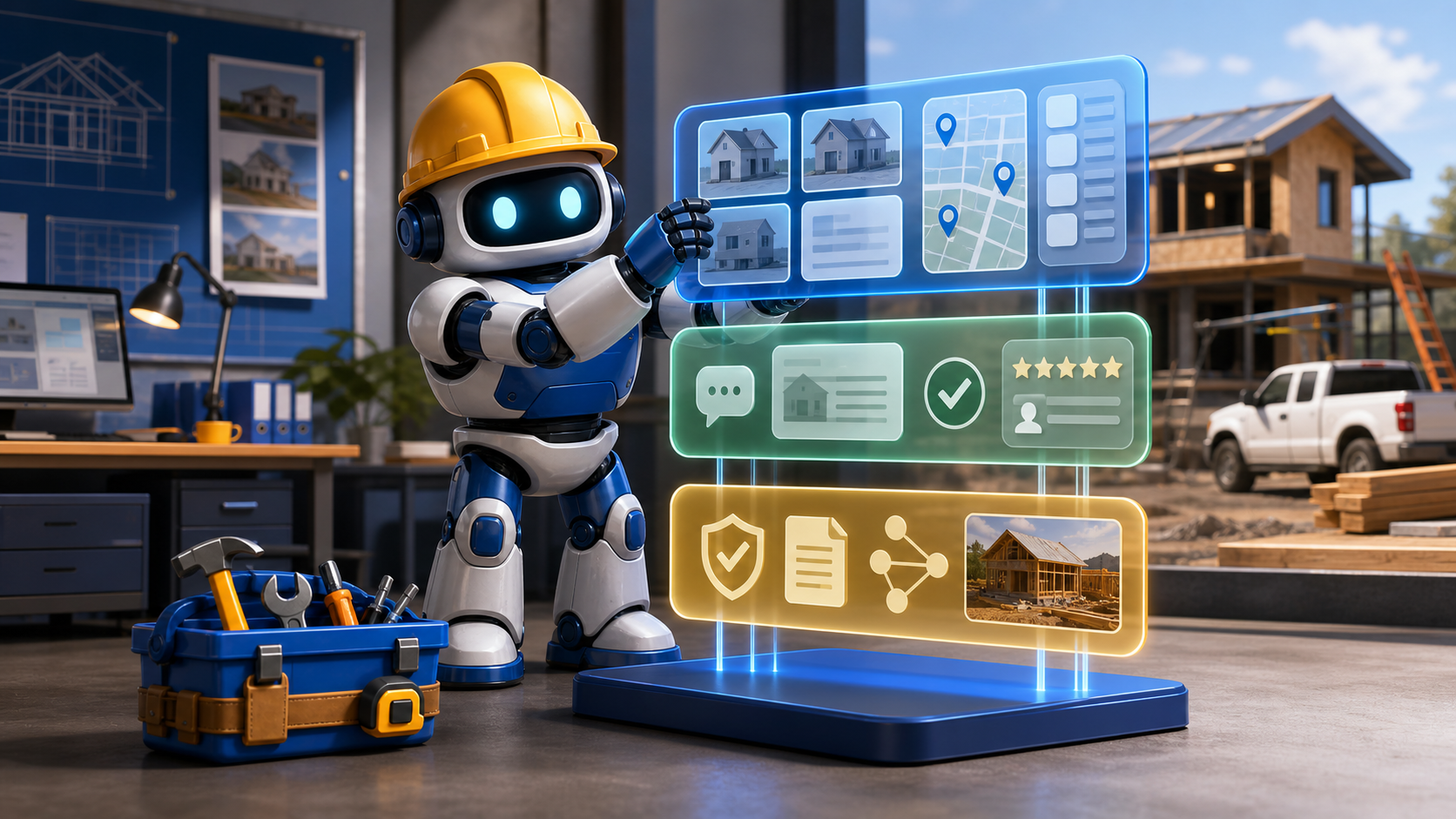 GangBoxAI robot mascot aligning SEO, AEO, and GEO proof layers for contractor visibility