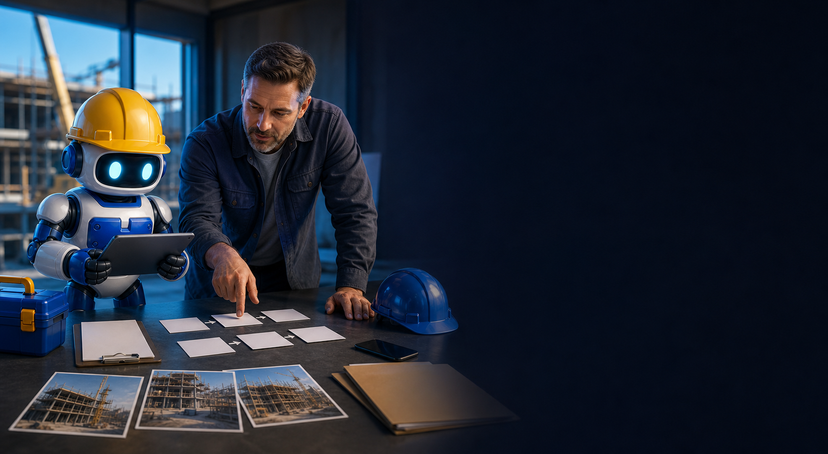 GangBoxAI robot mascot and a contractor owner reviewing a simple field workflow at a jobsite planning table