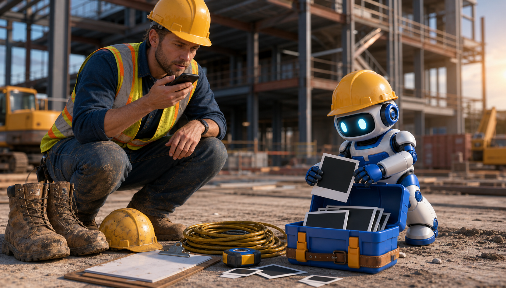 A superintendent records a voice update while the GangBoxAI robot mascot organizes blank job photos and field gear at a commercial jobsite