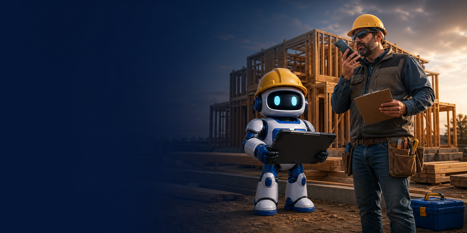 GangBoxAI robot mascot holding a rugged tablet beside a superintendent recording a field update at a framed construction site